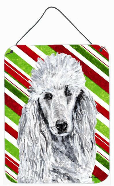 White Standard Poodle Candy Cane Christmas Wall or Door Hanging Prints Aluminum Metal Sign Kitchen Wall Bar Bathroom Plaque Home Decor Front Door Plaque, 12x16, Multicolor