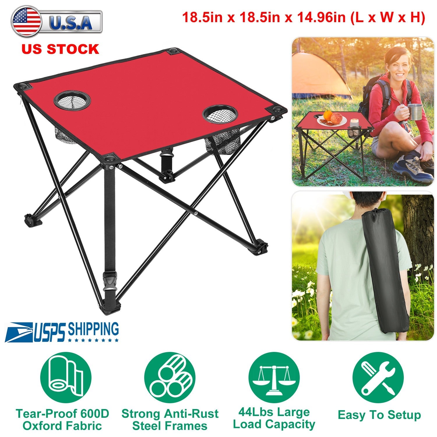 2Pcs Foldable Camping Table Portable Picnic Table Lightweight Travel Desk with 2 Cup Holders/Table Carrying Bag