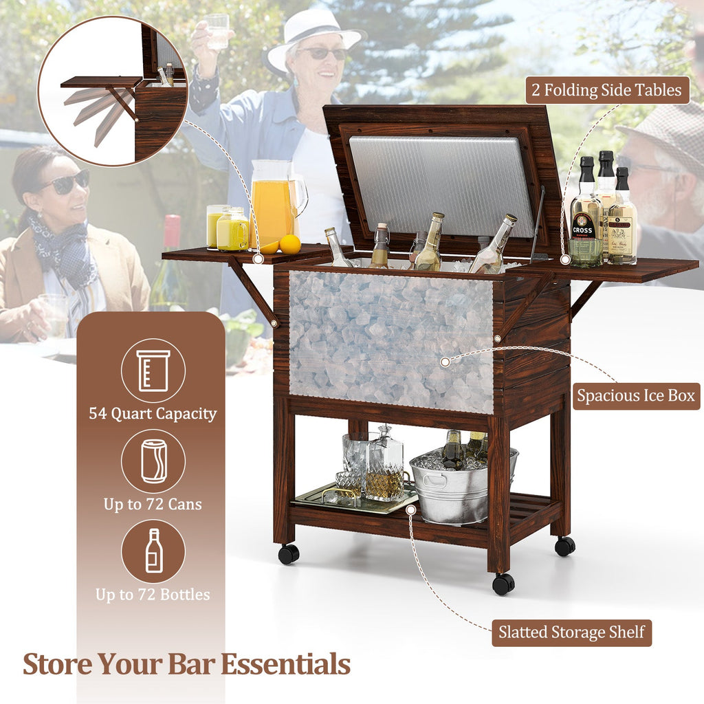 54 Quart Wooden Cooler Cart for Patio Rolling Ice Chest with Shelves-Brown