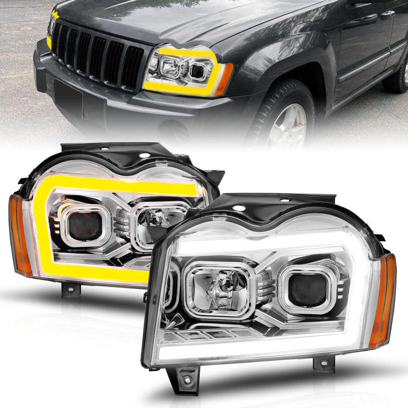 ANZO 05-07 Jeep Grand Cherokee Projector Headlights - w/ Light Bar Switchback Chrome Housing 111544