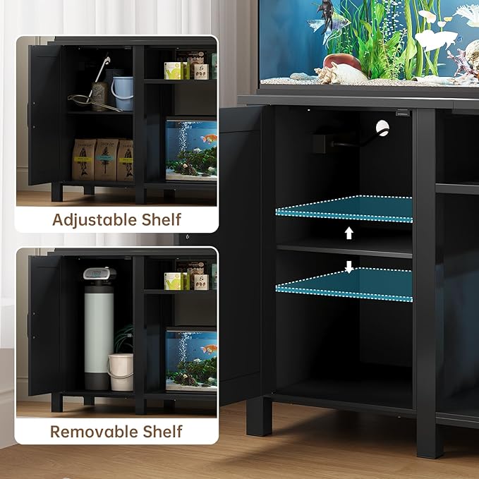 55 - 75 Gallon Aquarium Stand with Power Outlet, Heavy Duty Fish Tank Stand with Cabinet Storage & Adjustable Shelf, for Fish Tank, Turtle Tank, Reptile Terrarium, 1000LBS Capacity, Black - PhishStones Products
