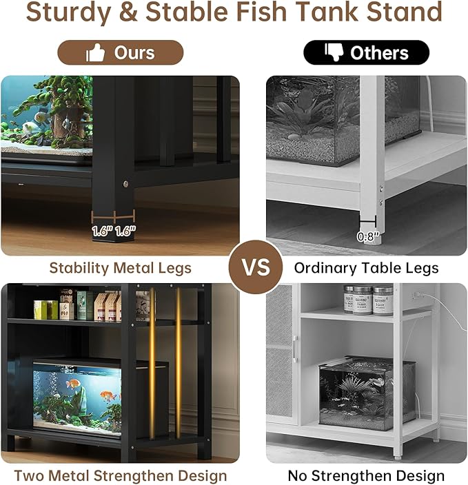 55 - 75 Gallon Aquarium Stand with Power Outlet, Heavy Duty Fish Tank Stand with Cabinet Storage & Adjustable Shelf, for Fish Tank, Turtle Tank, Reptile Terrarium, 1000LBS Capacity, Black - PhishStones Products