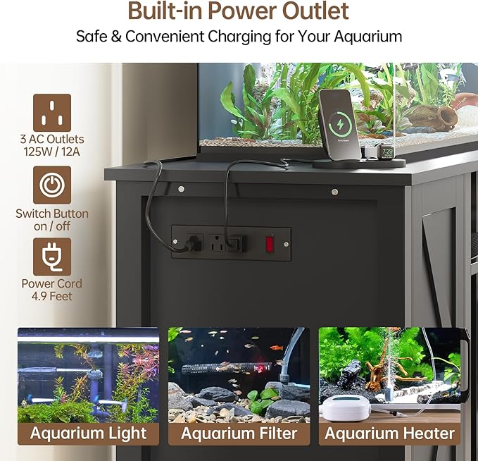 55 - 75 Gallon Aquarium Stand with Power Outlet, Heavy Duty Fish Tank Stand with Cabinet Storage & Adjustable Shelf, for Fish Tank, Turtle Tank, Reptile Terrarium, 1000LBS Capacity, Black - PhishStones Products
