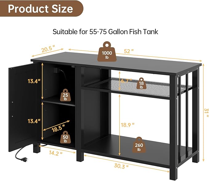 55 - 75 Gallon Aquarium Stand with Power Outlet, Heavy Duty Fish Tank Stand with Cabinet Storage & Adjustable Shelf, for Fish Tank, Turtle Tank, Reptile Terrarium, 1000LBS Capacity, Black - PhishStones Products