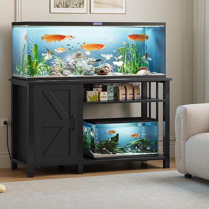 55 - 75 Gallon Aquarium Stand with Power Outlet, Heavy Duty Fish Tank Stand with Cabinet Storage & Adjustable Shelf, for Fish Tank, Turtle Tank, Reptile Terrarium, 1000LBS Capacity, Black - PhishStones Products