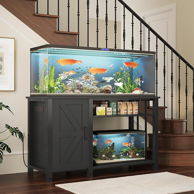 55 - 75 Gallon Aquarium Stand with Power Outlet, Heavy Duty Fish Tank Stand with Cabinet Storage & Adjustable Shelf, for Fish Tank, Turtle Tank, Reptile Terrarium, 1000LBS Capacity, Black - PhishStones Products