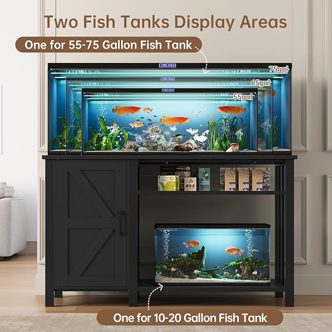 55 - 75 Gallon Aquarium Stand with Power Outlet, Heavy Duty Fish Tank Stand with Cabinet Storage & Adjustable Shelf, for Fish Tank, Turtle Tank, Reptile Terrarium, 1000LBS Capacity, Black - PhishStones Products