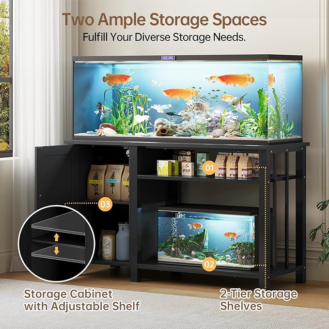 55 - 75 Gallon Aquarium Stand with Power Outlet, Heavy Duty Fish Tank Stand with Cabinet Storage & Adjustable Shelf, for Fish Tank, Turtle Tank, Reptile Terrarium, 1000LBS Capacity, Black - PhishStones Products