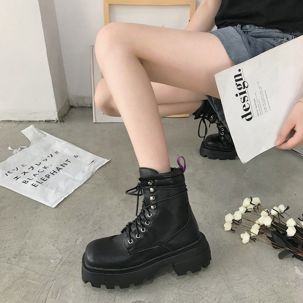 Square toe platform mid-heel lace-up fashion boots