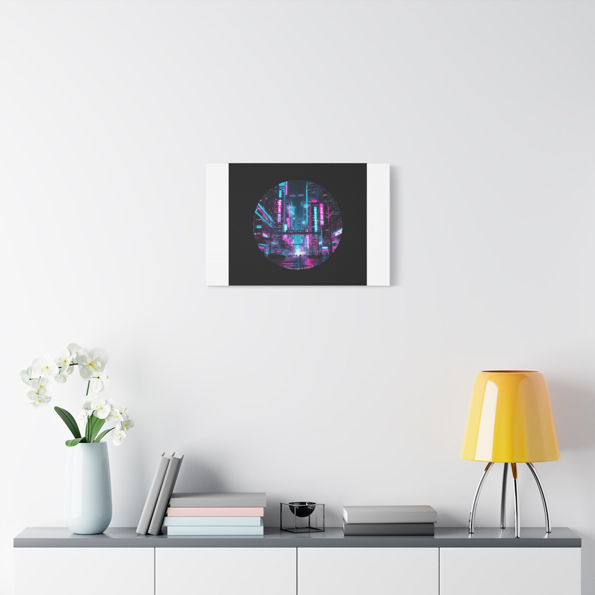 Neon Cyberpunk Cityscape Canvas | synthwave skyline, future city art