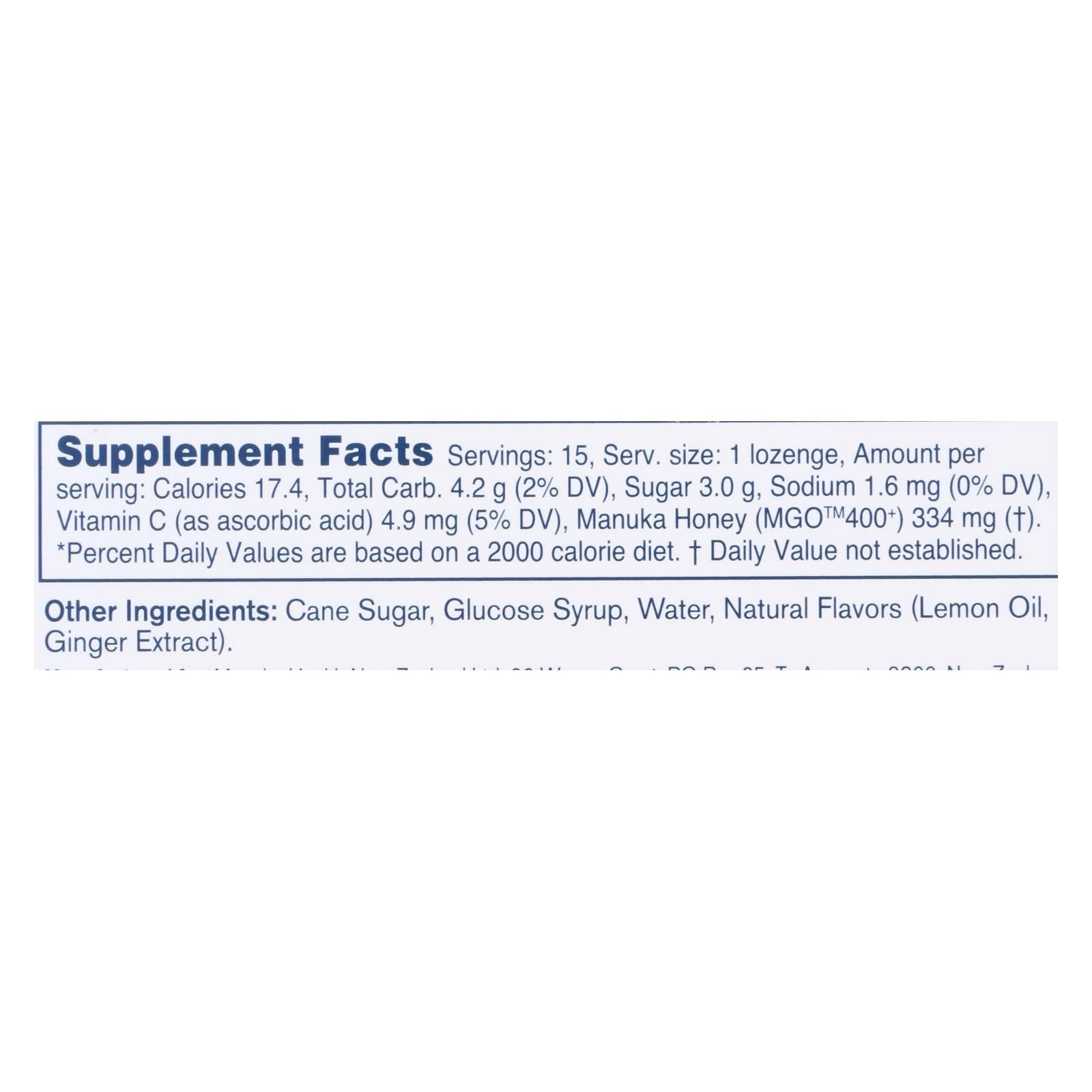 Manuka Health MGO 400+ Manuka Honey Lozenges with Lemon and Ginger (15-Pack)