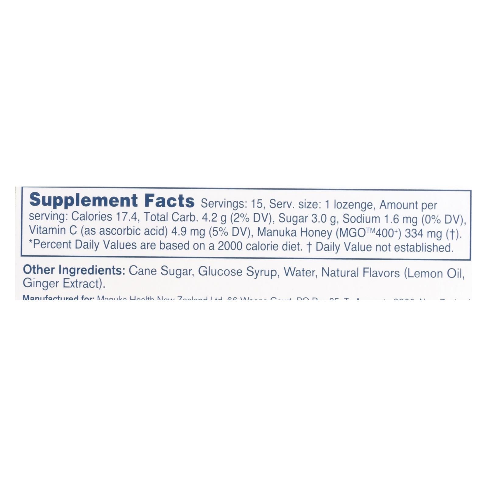 Manuka Health MGO 400+ Manuka Honey Lozenges with Lemon and Ginger (15-Pack)