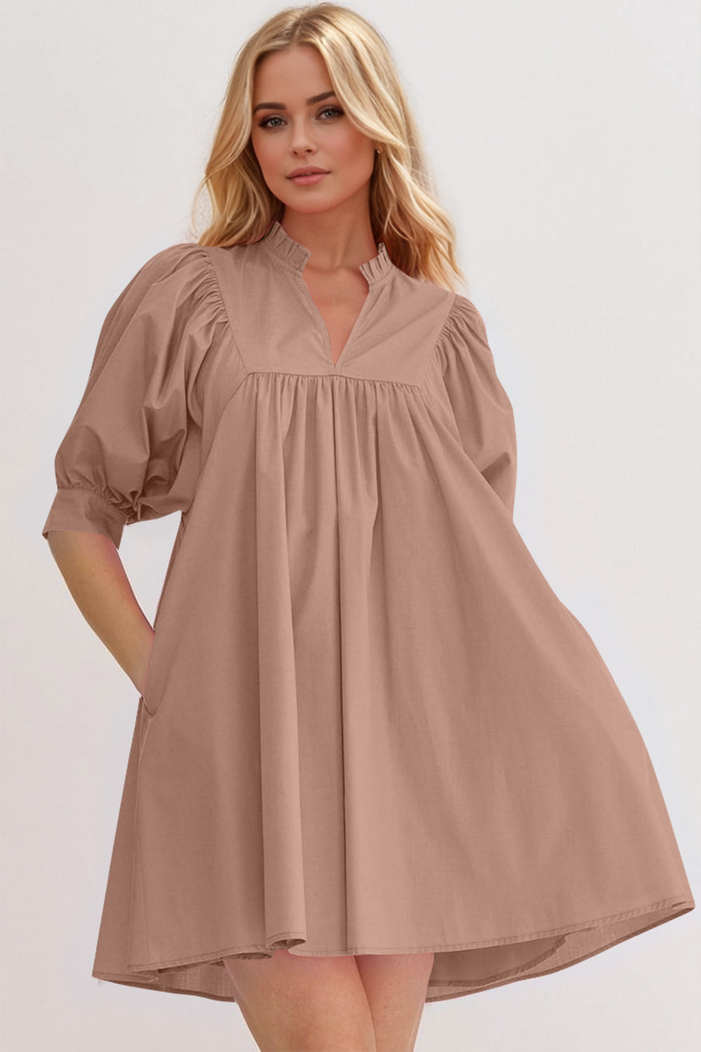 Pink Puff Sleeve Mini Dress Casual and Feminine Dress for Women Simple Classic Summer Dress