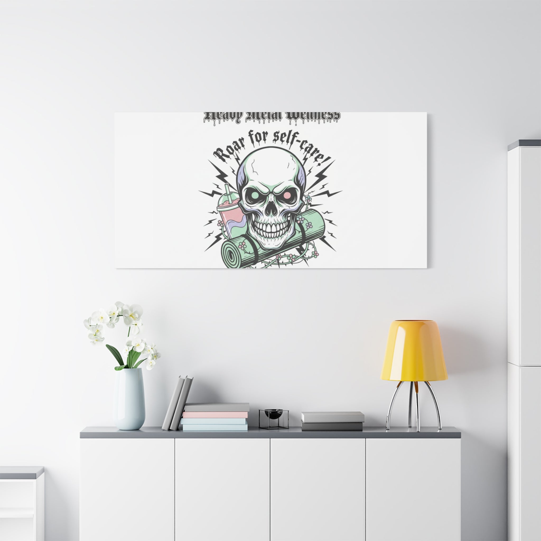 Roar for Self-Care Skull Canvas | heavy metal wellness, gothic wellness quote