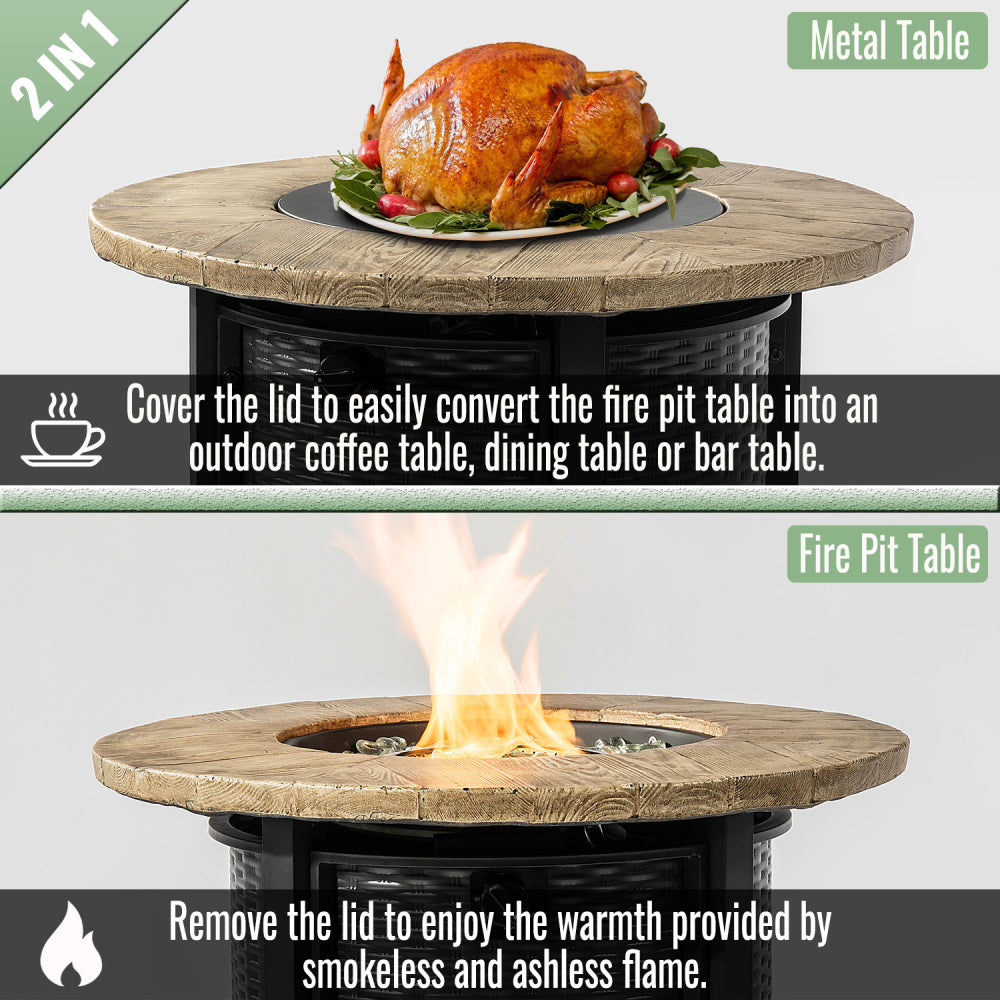 30" Propane Fire Pit Table | 50,000 BTU Round Steel Fire Pit with Wood-Grain Finish & Glass Stones