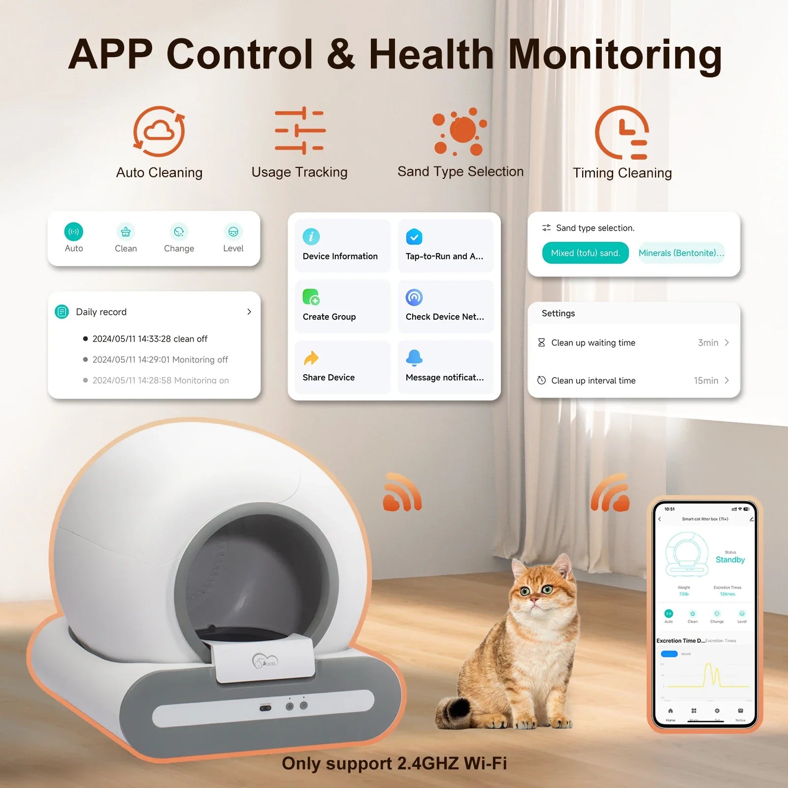 56L Self - Cleaning Smart Cat Litter Box — App Control (2.4GHz Wi‑Fi Only), Low - Entry 5.9 in / 15 cm, Includes Litter Mat & Waste Bags, Fits Tofu & Clumping Litter - PhishStones Products