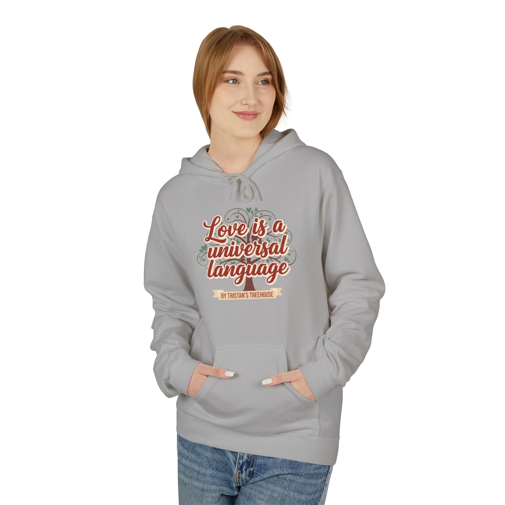 Hoodie — “Love is a Universal Language” Cozy Retro Cabin Graphic Hoodie