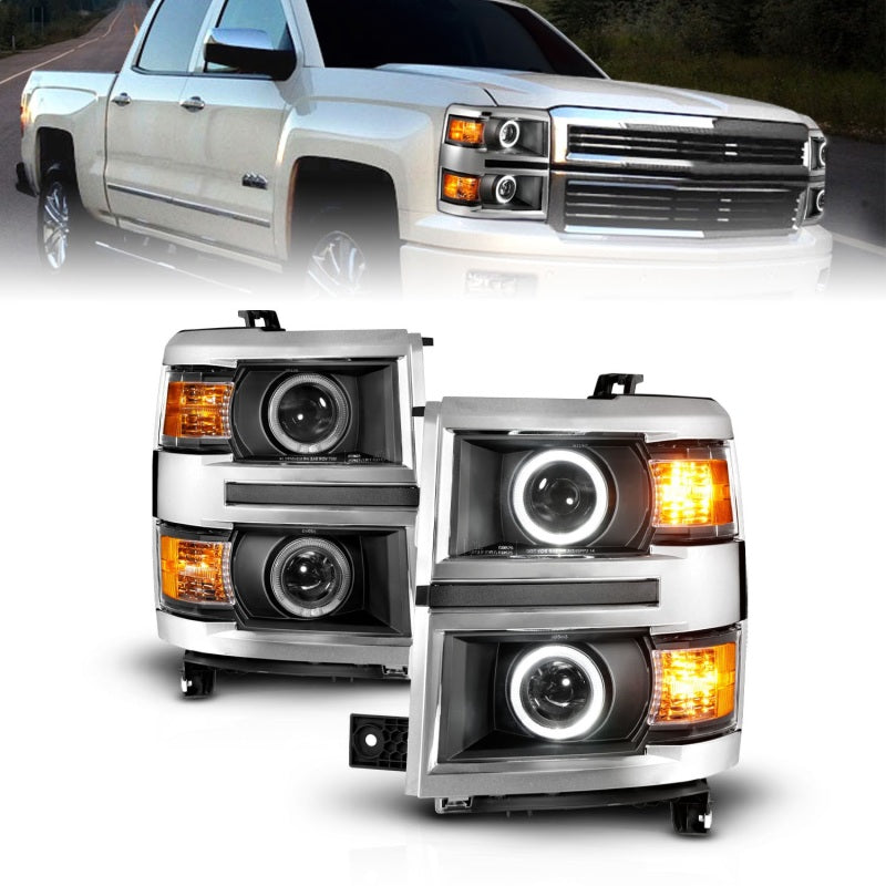 ANZO 14-15 Chevrolet Silverado 1500 Projector Headlights w/ Halo Black Housing w/ Chrome Trim 111585