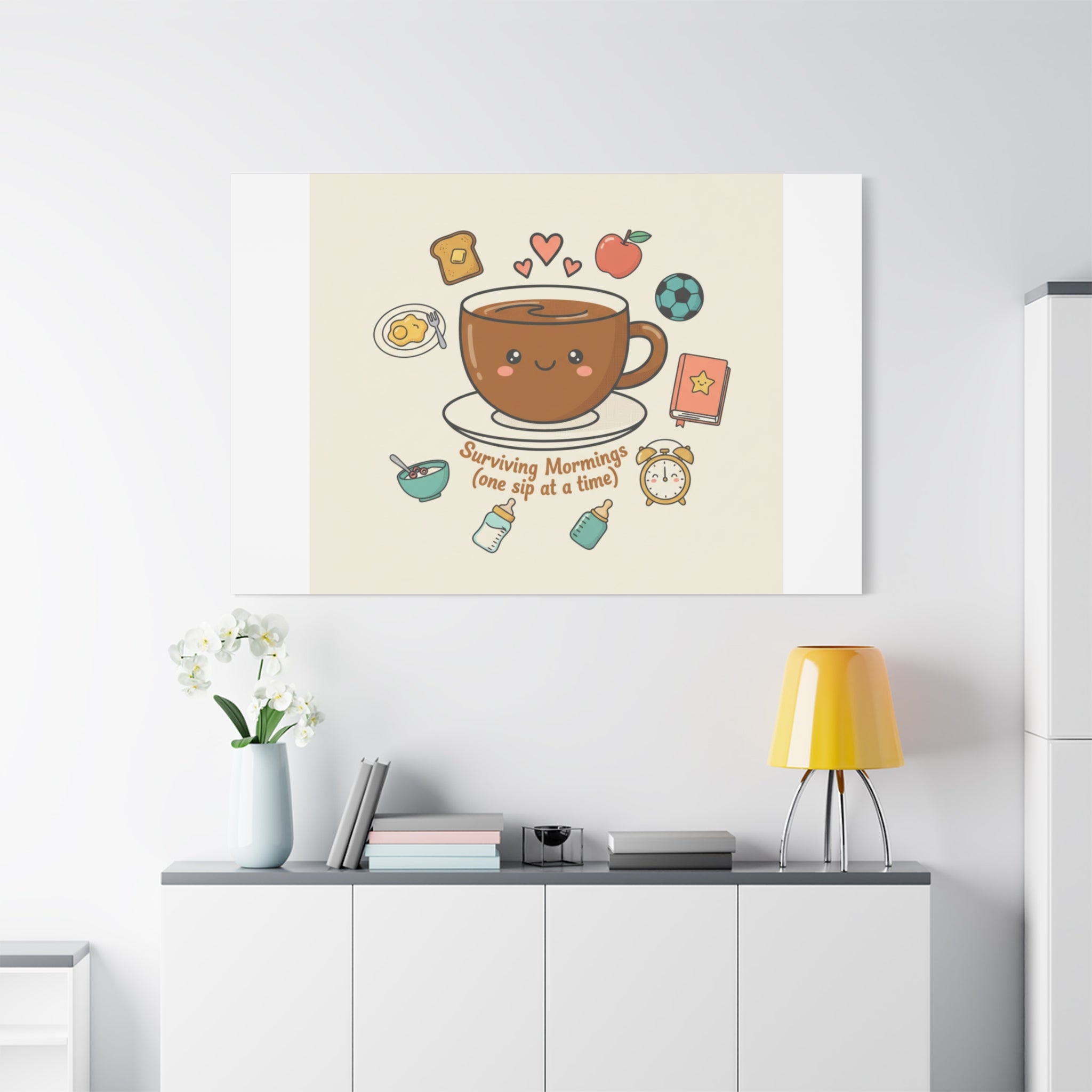 Surviving Mornings (One Sip at a Time) Canvas | Parenting Morning Humor, Coffee & Kids