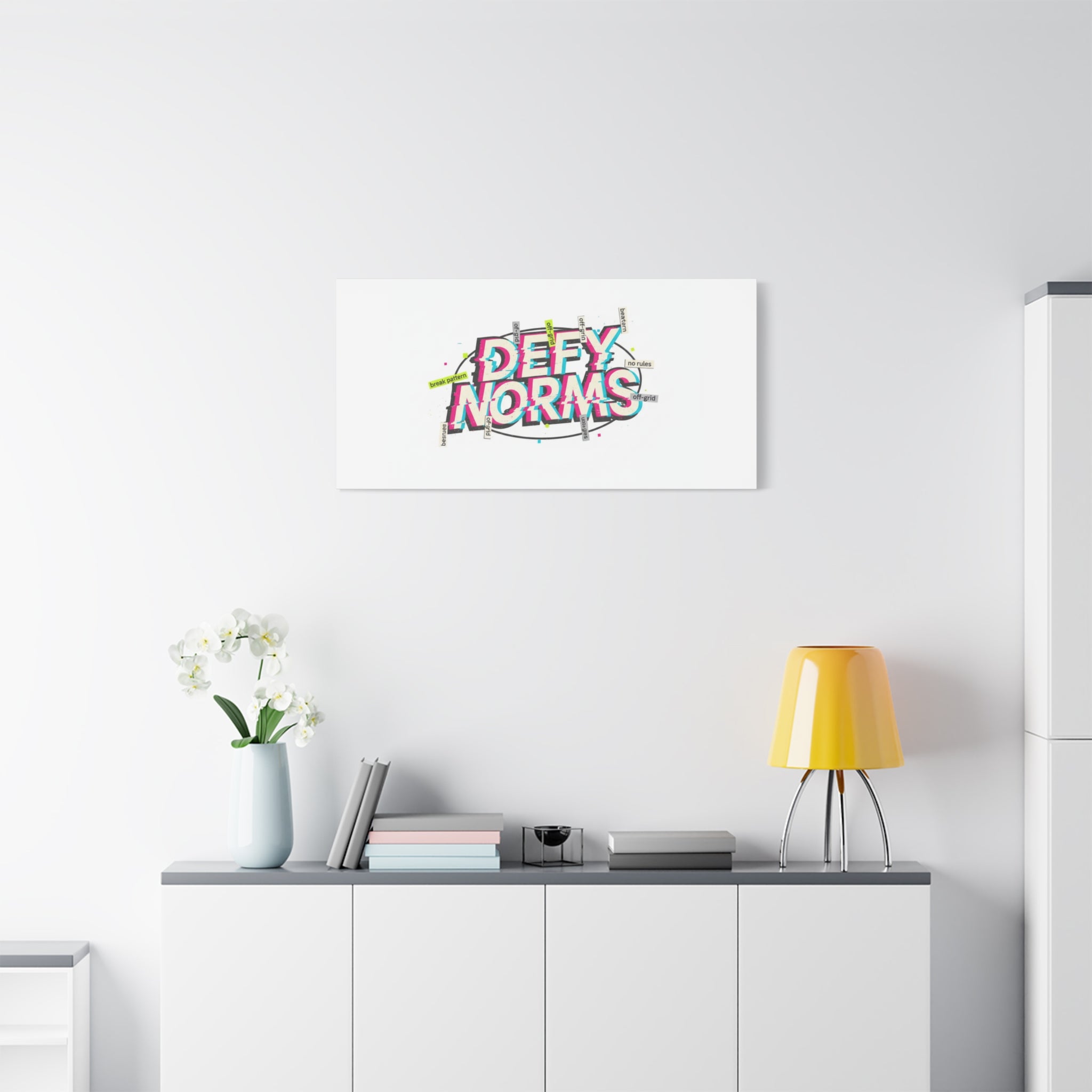 Defy Norms Canvas, Anti-Aesthetic Glitch Typography, Brutalist Poster Style