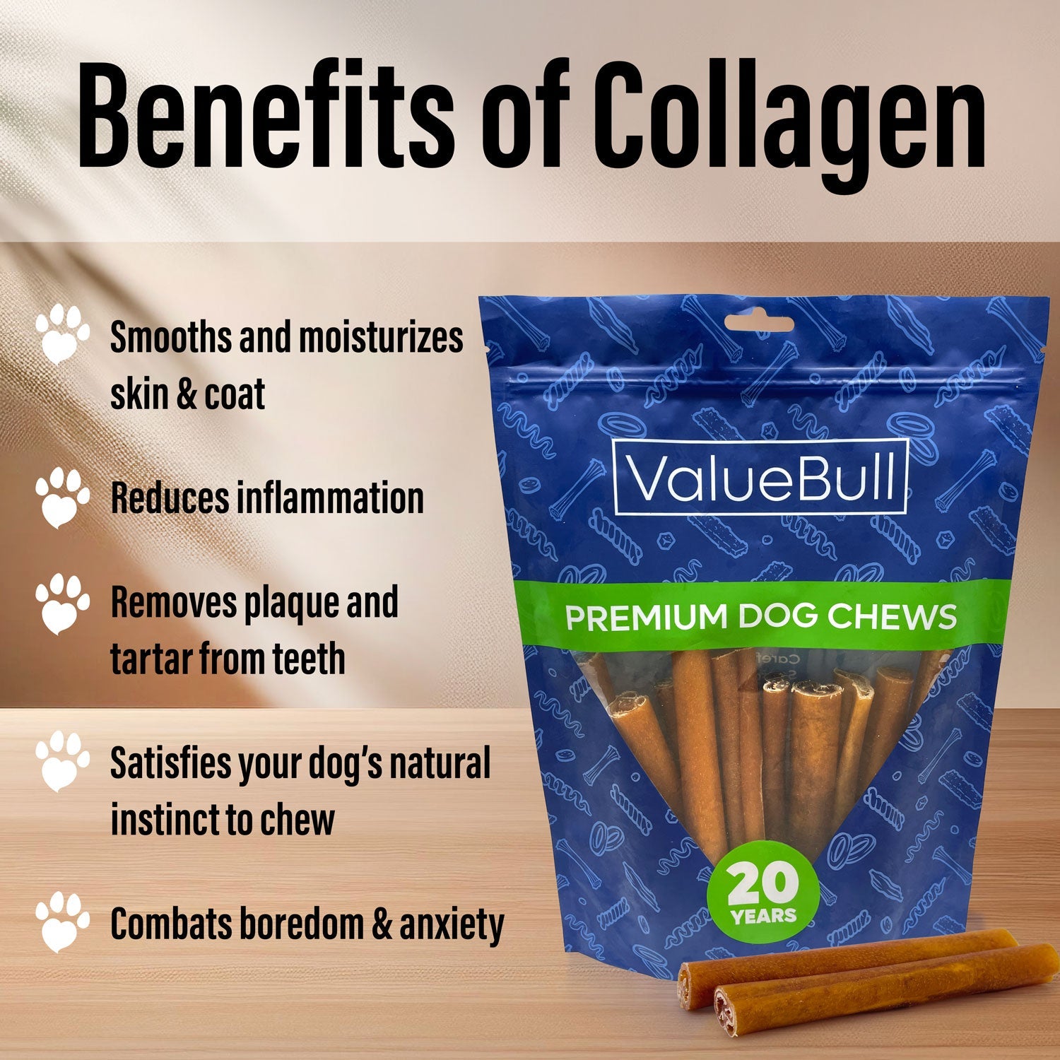 ValueBull Buffalo Collagen Sticks for Dogs, 6 Inch Jumbo Chew, 50 Count