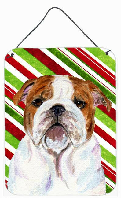 Bulldog English Candy Cane Holiday Christmas Wall or Door Hanging Prints Aluminum Metal Sign Kitchen Wall Bar Bathroom Plaque Home Decor Front Door Plaque, 12x16, Multicolor