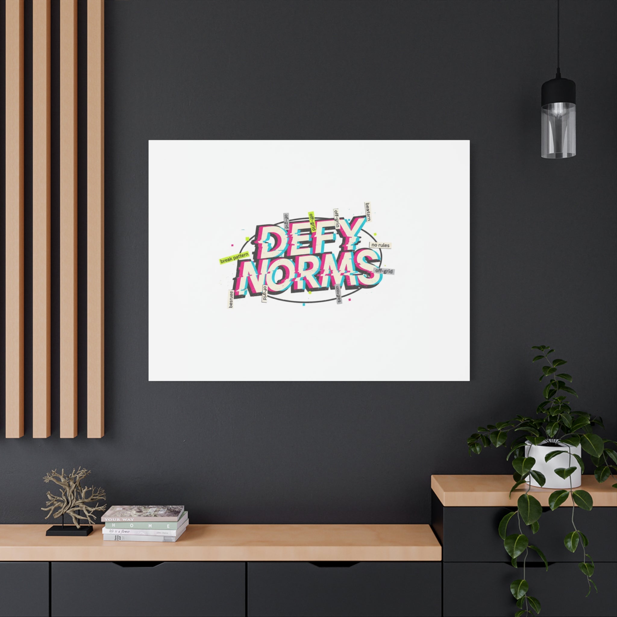 Defy Norms Canvas, Anti-Aesthetic Glitch Typography, Brutalist Poster Style