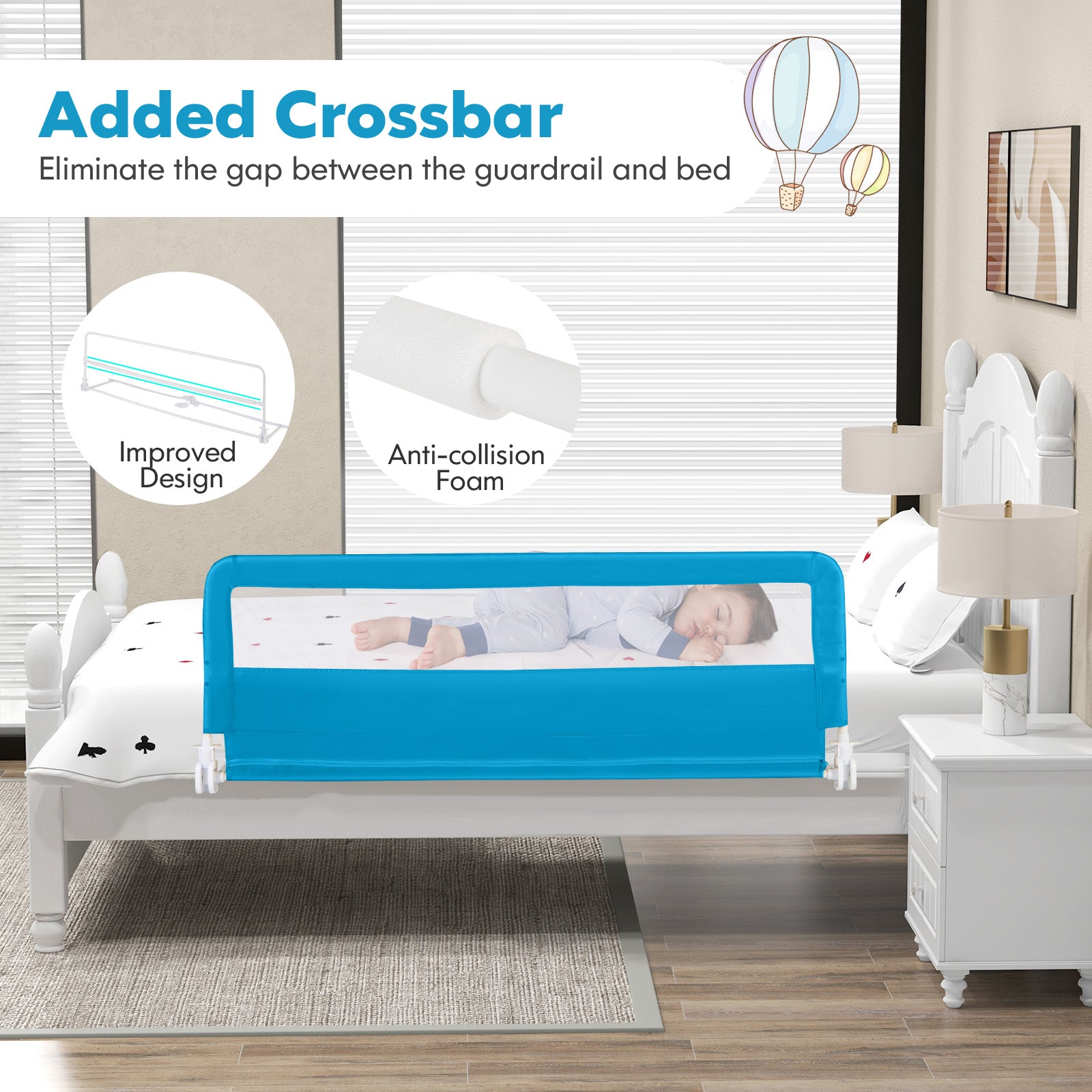 59 Inch Folding Breathable Baby Bed Rail Guard with Safety Strap-Blue