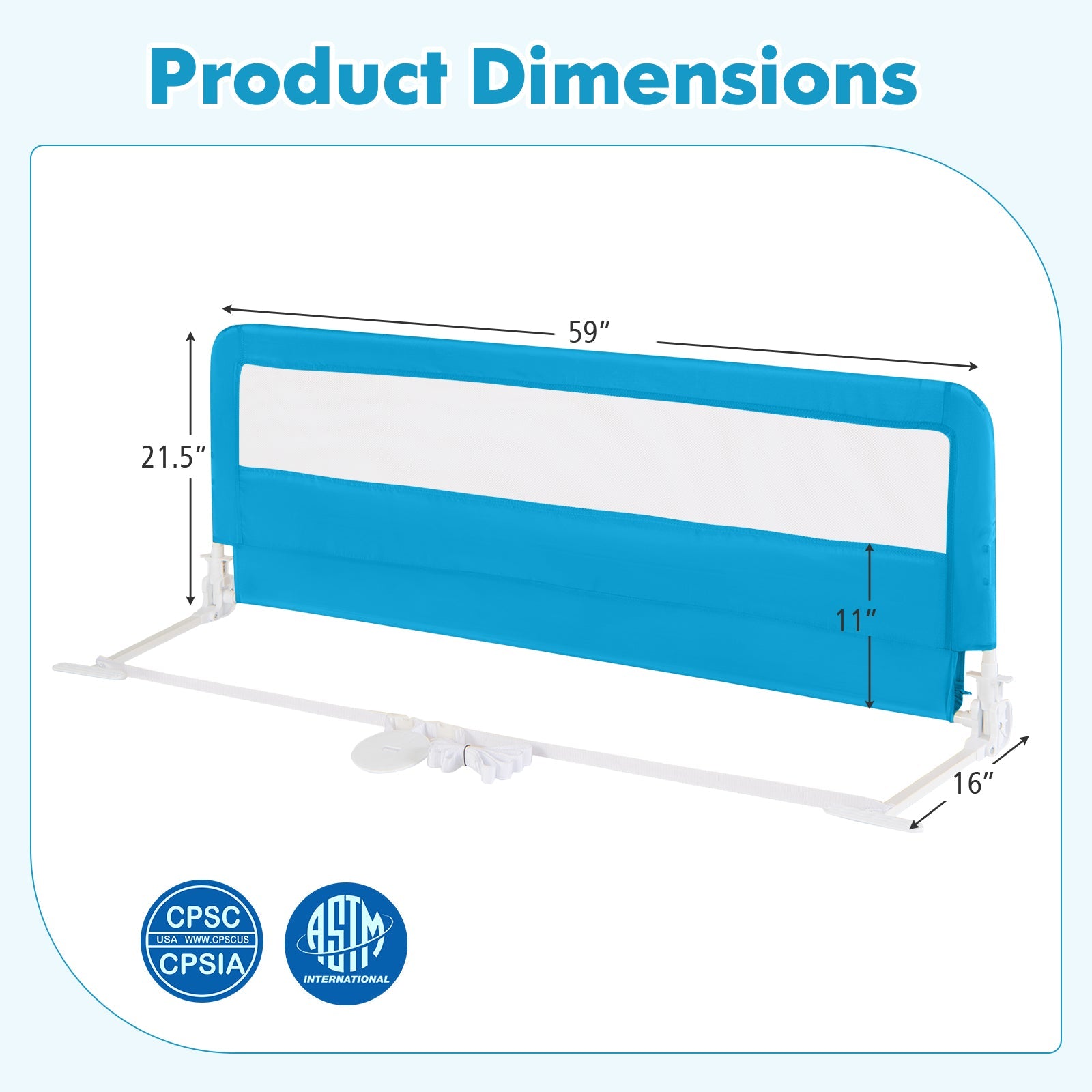 59 Inch Folding Breathable Baby Bed Rail Guard with Safety Strap-Blue