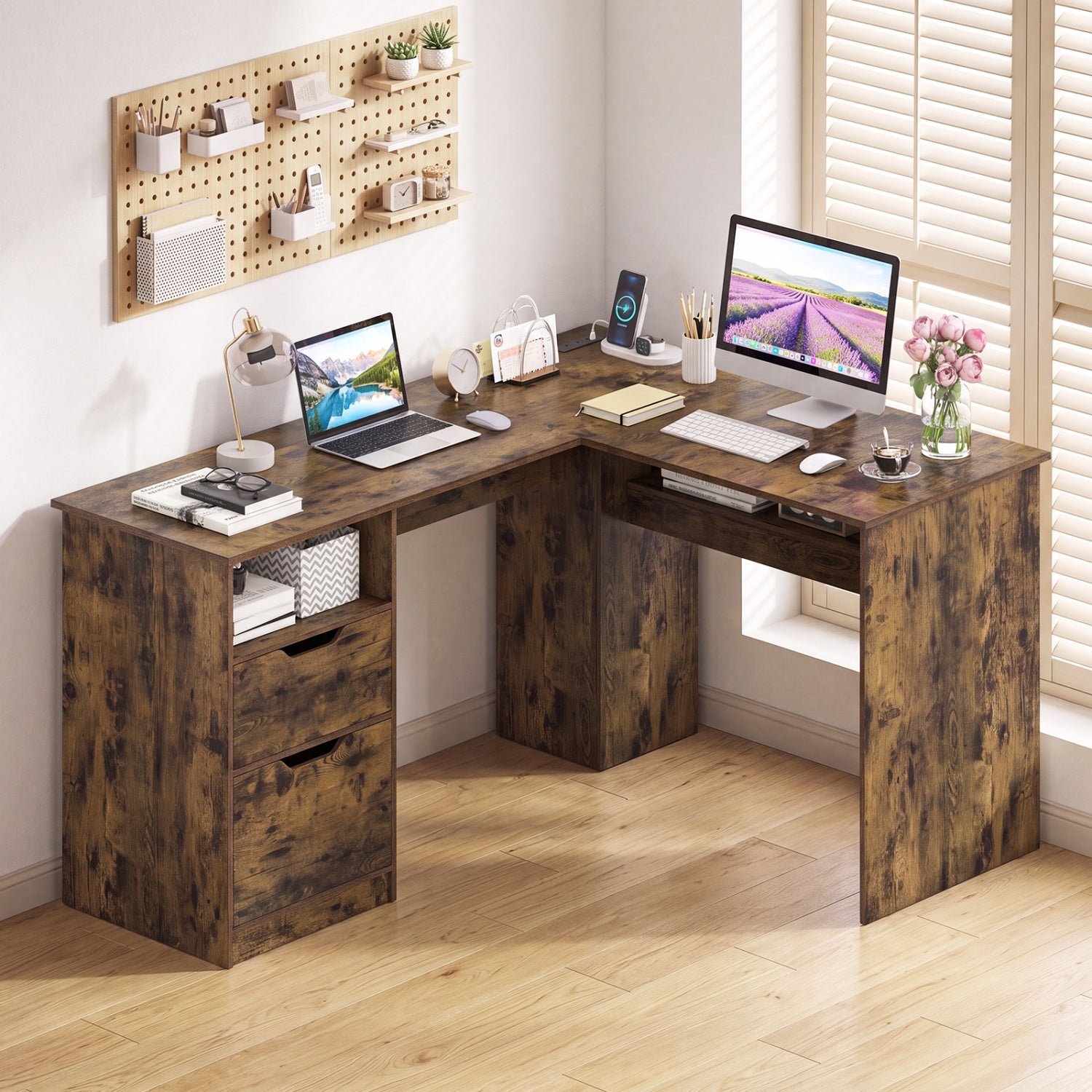 59" L-Shaped Executive Desk with Power Outlets and Storage