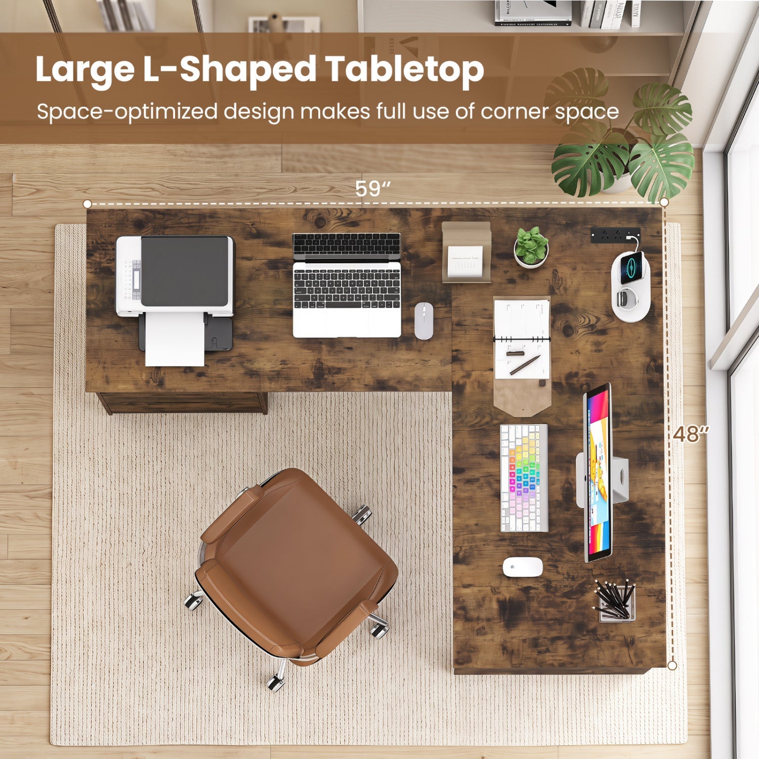 59" L-Shaped Executive Desk with Power Outlets and Storage