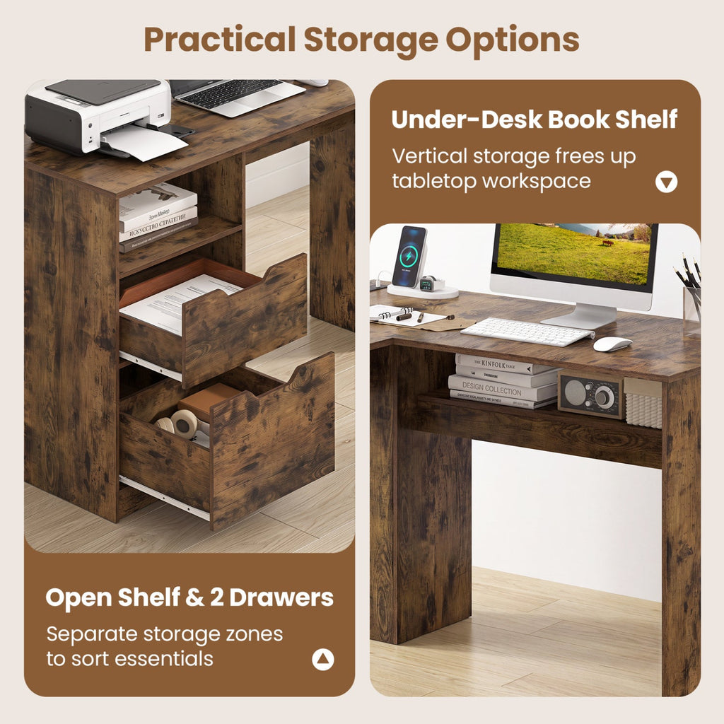 59" L-Shaped Executive Desk with Power Outlets and Storage