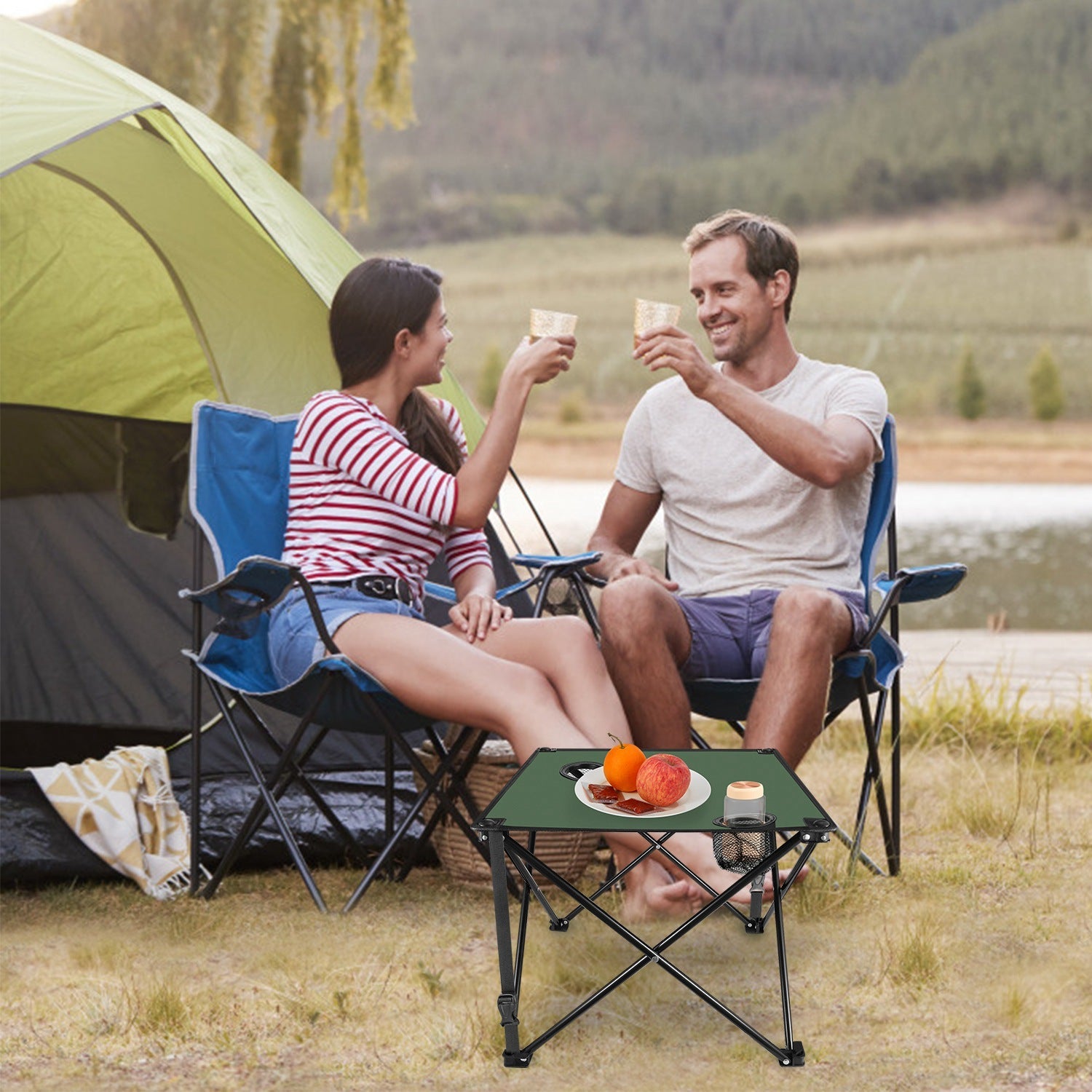 2Pcs Foldable Camping Table Portable Picnic Table Lightweight Travel Desk with 2 Cup Holders/Table Carrying Bag