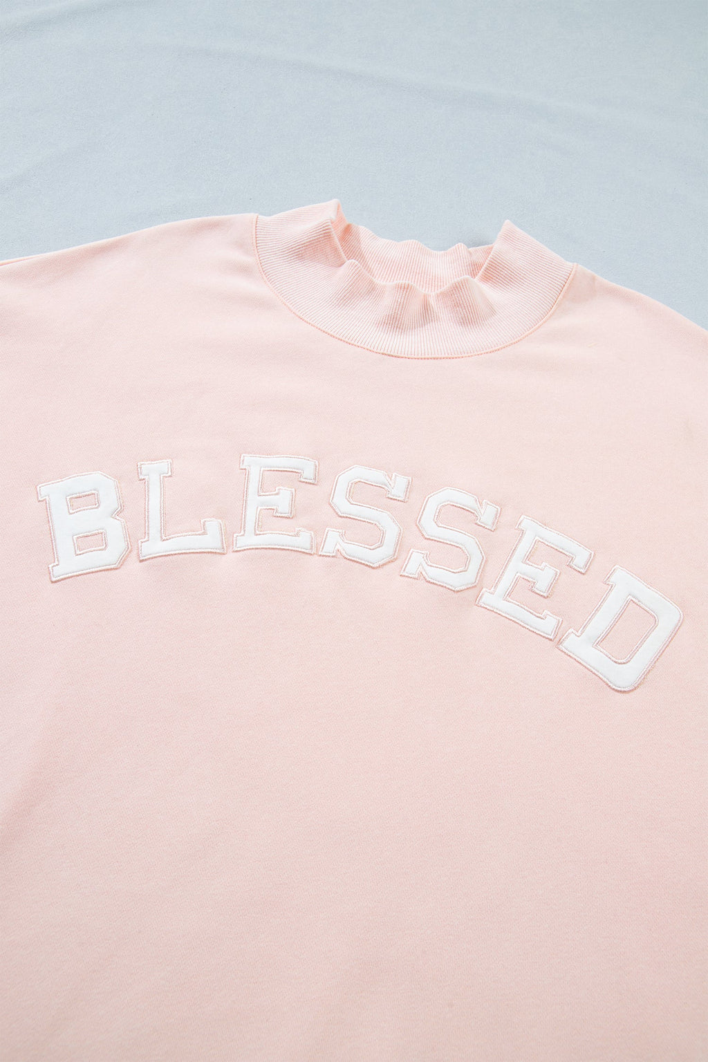 Light Pink BLESSED Embroidered Trim Patch Graphic Plus Size Mock Neck Sweatshirt