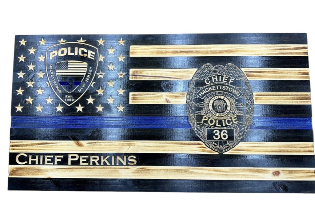 Custom Thin Blue Line Wooden Flag with Engraved Police Badge