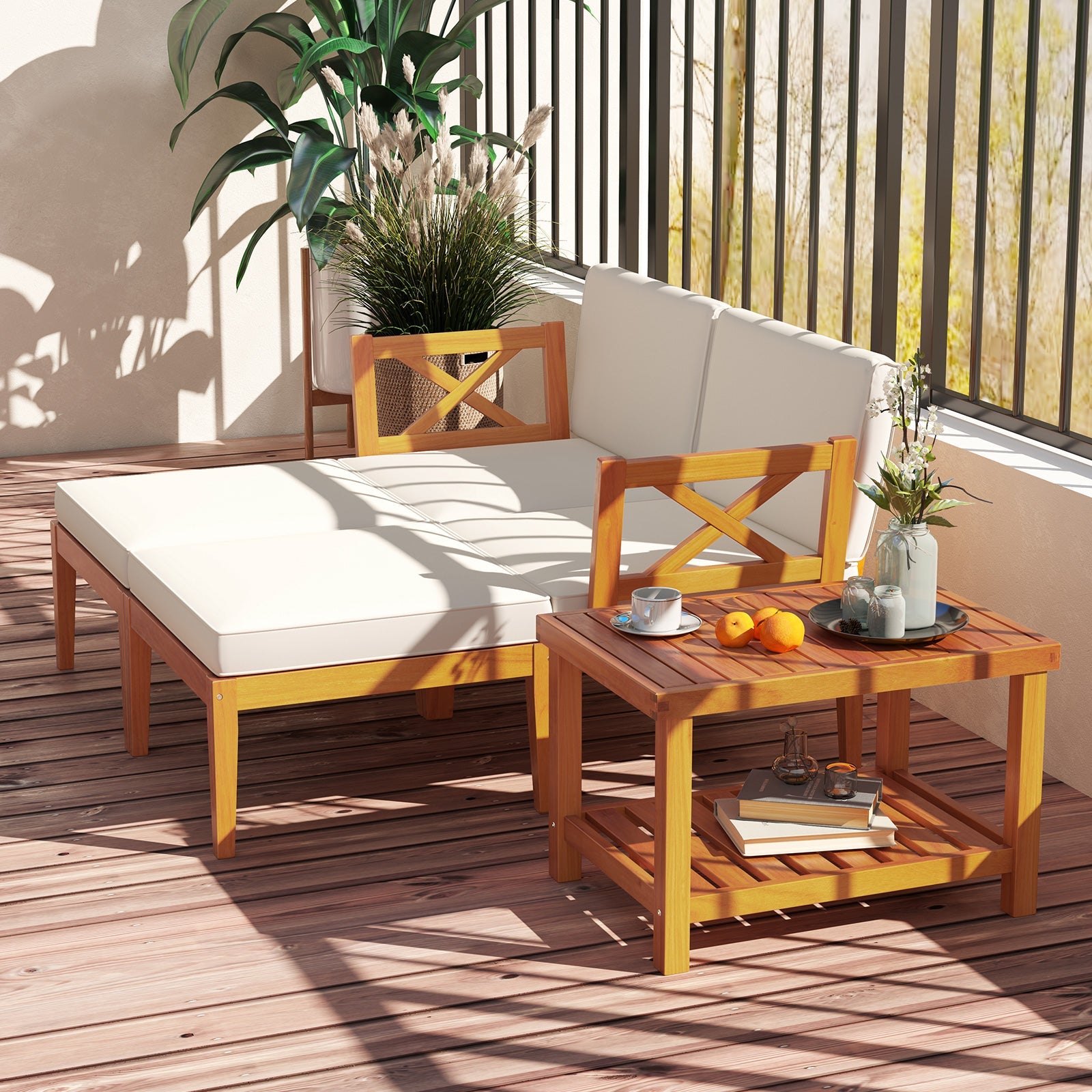 5 Pieces Acacia Wood Patio Chaise Lounge Chair Set with Ottoman and Cushions-White