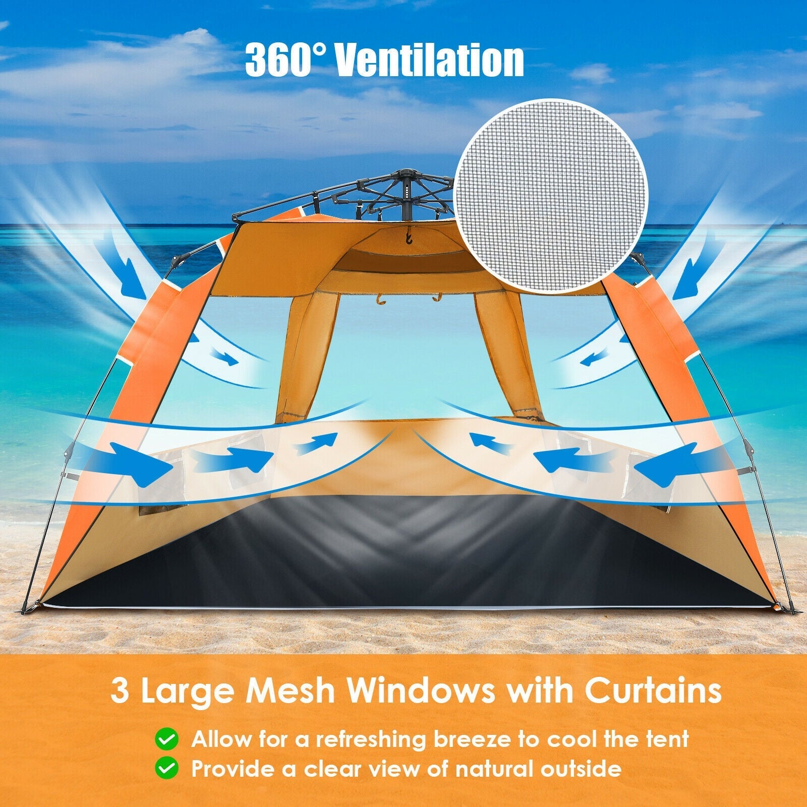 3-4 Person Easy Pop Up Beach Tent UPF 50+ Portable Sun Shelter