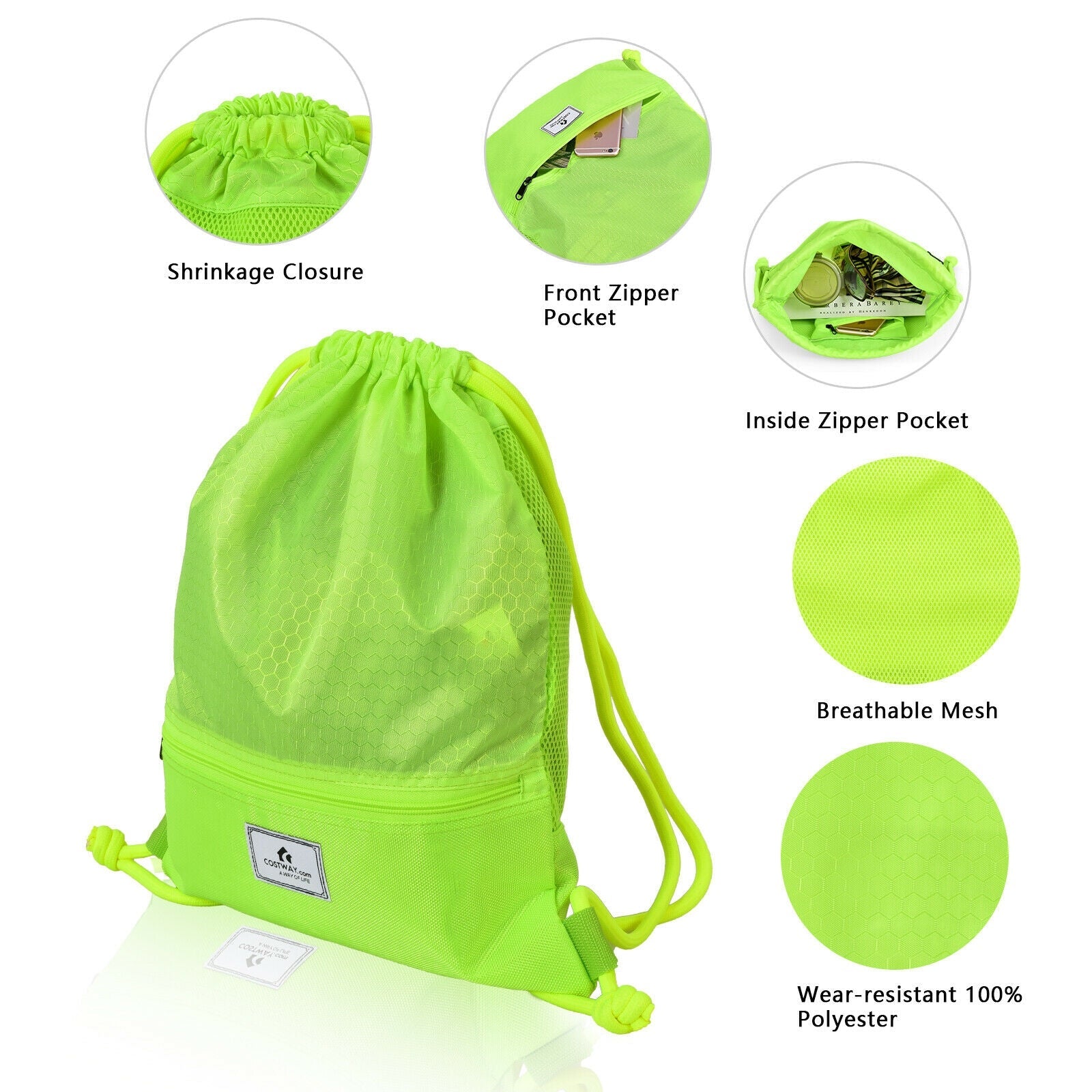 Drawstring Backpack String Bag Foldable Sports Sack with Zipper Pocket