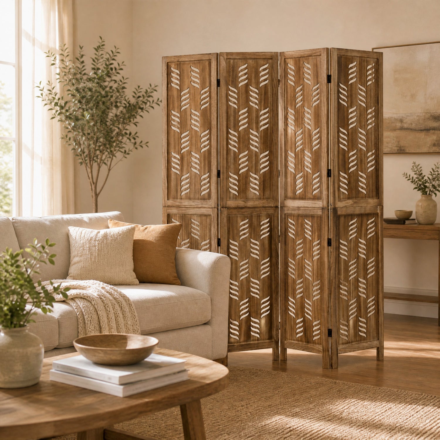 4-Panel Room Divider with Wave Cutout & Paulownia Frame