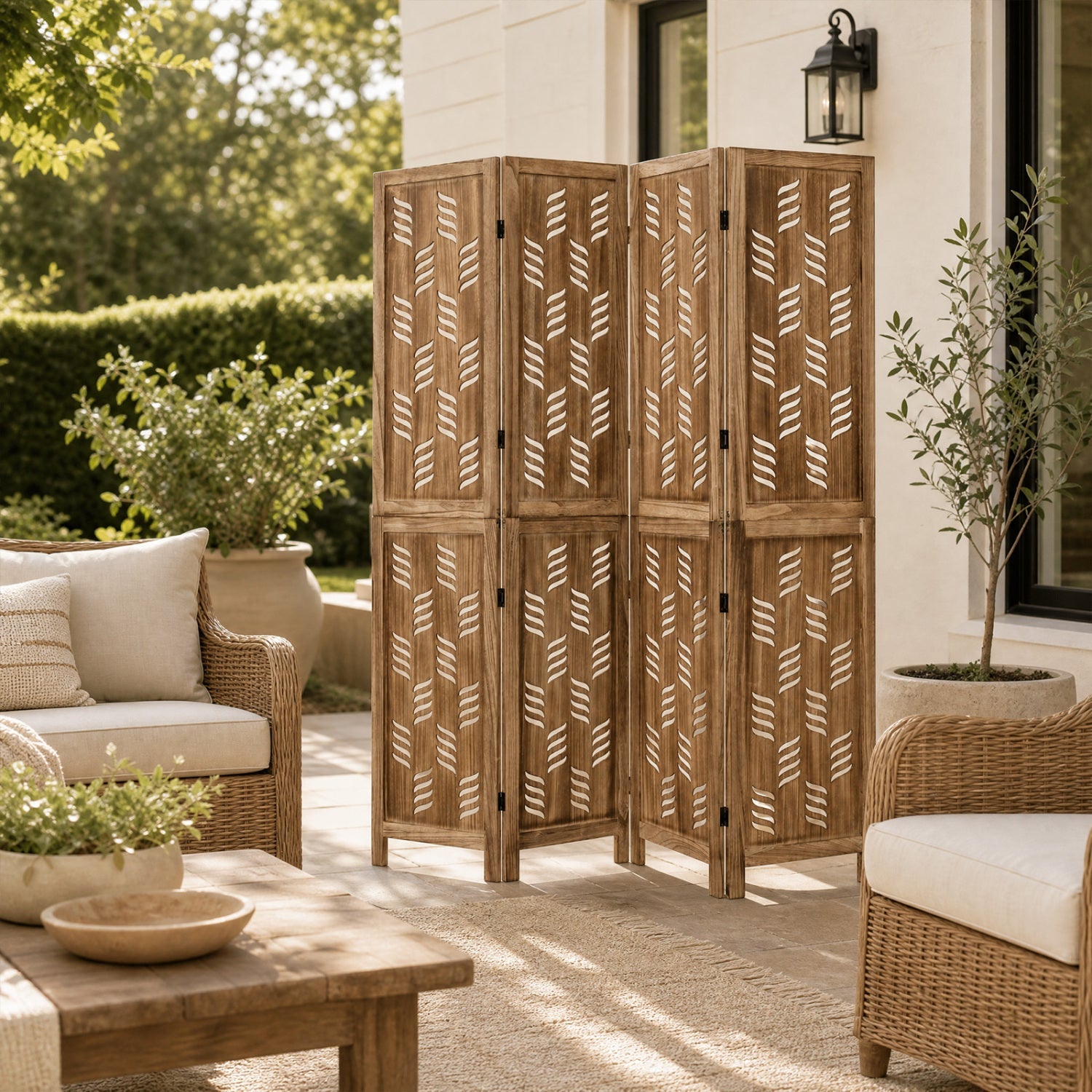 4-Panel Room Divider with Wave Cutout & Paulownia Frame