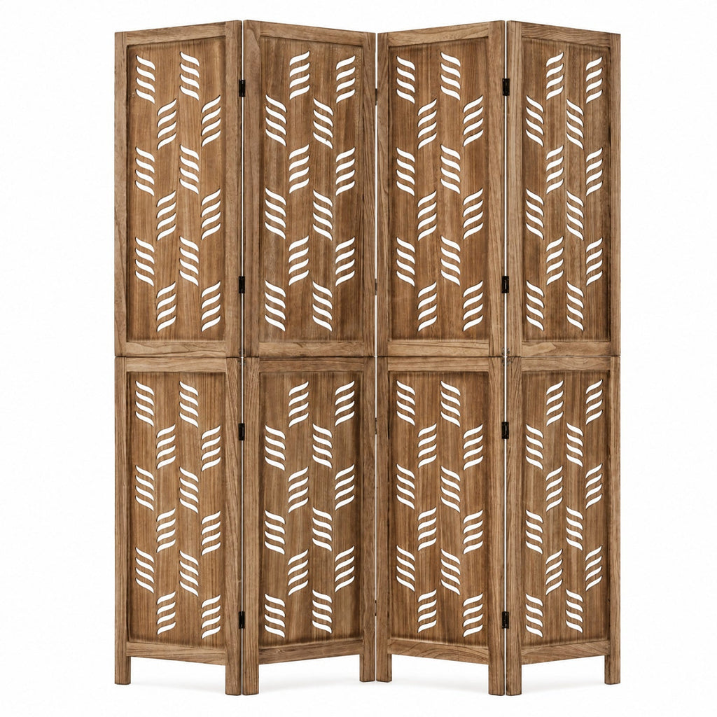 4-Panel Room Divider with Wave Cutout & Paulownia Frame