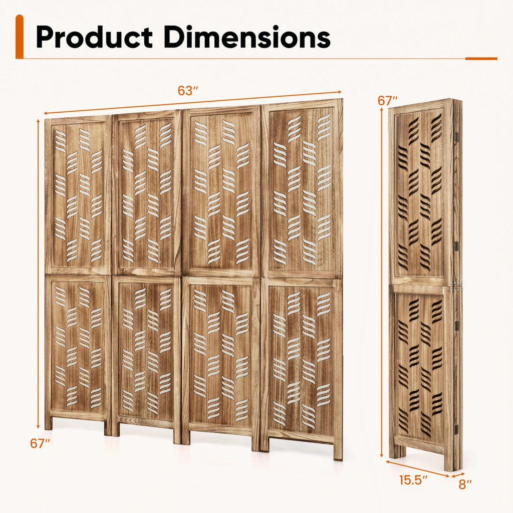4-Panel Room Divider with Wave Cutout & Paulownia Frame