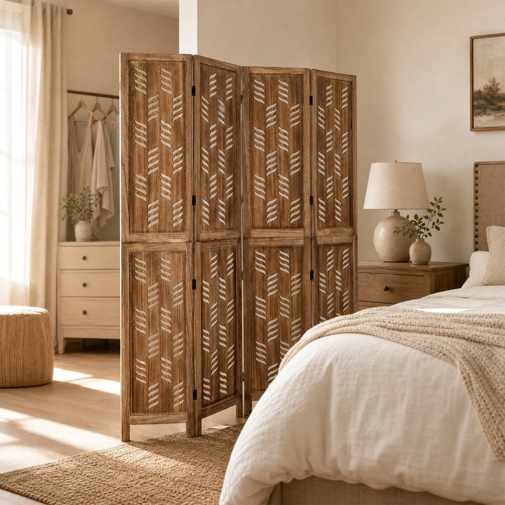 4-Panel Room Divider with Wave Cutout & Paulownia Frame