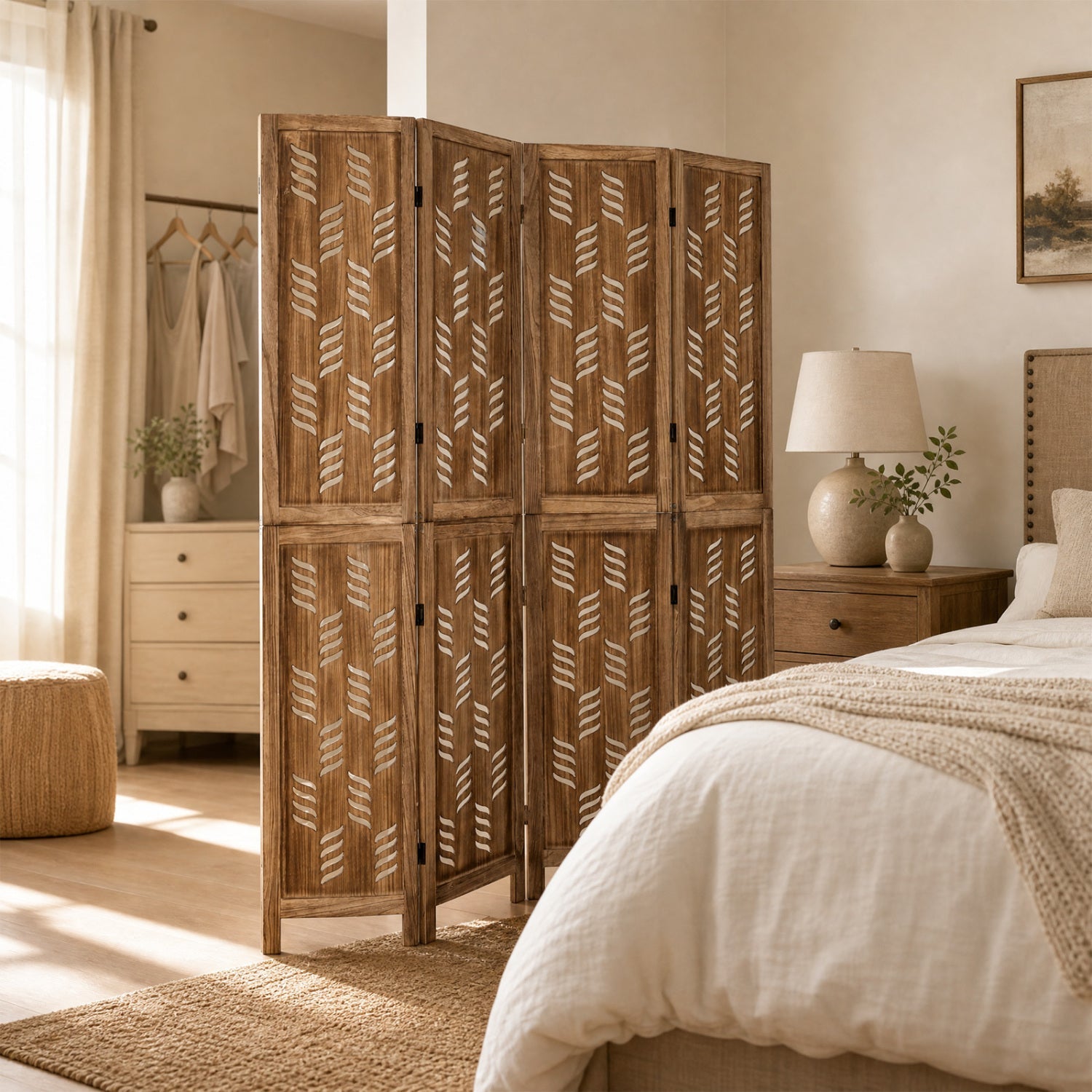4-Panel Room Divider with Wave Cutout & Paulownia Frame