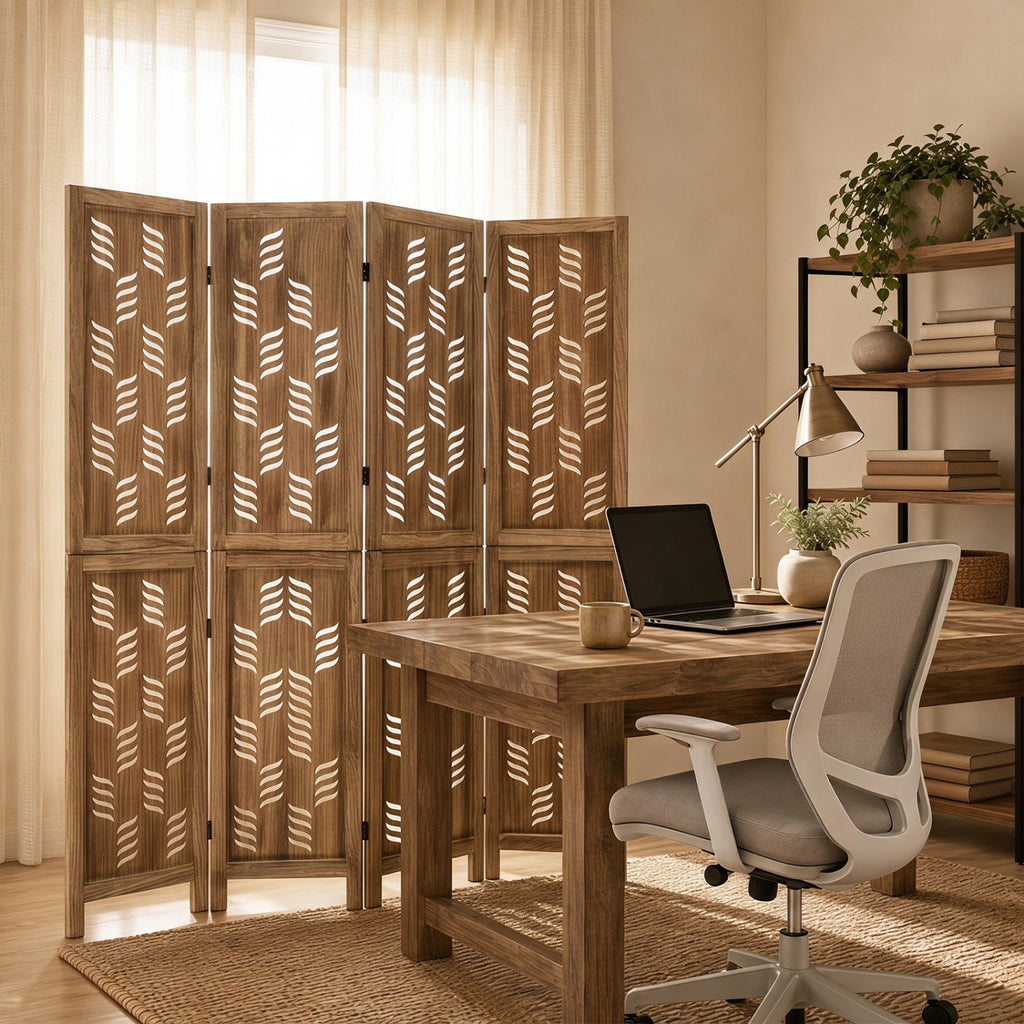 4-Panel Room Divider with Wave Cutout & Paulownia Frame