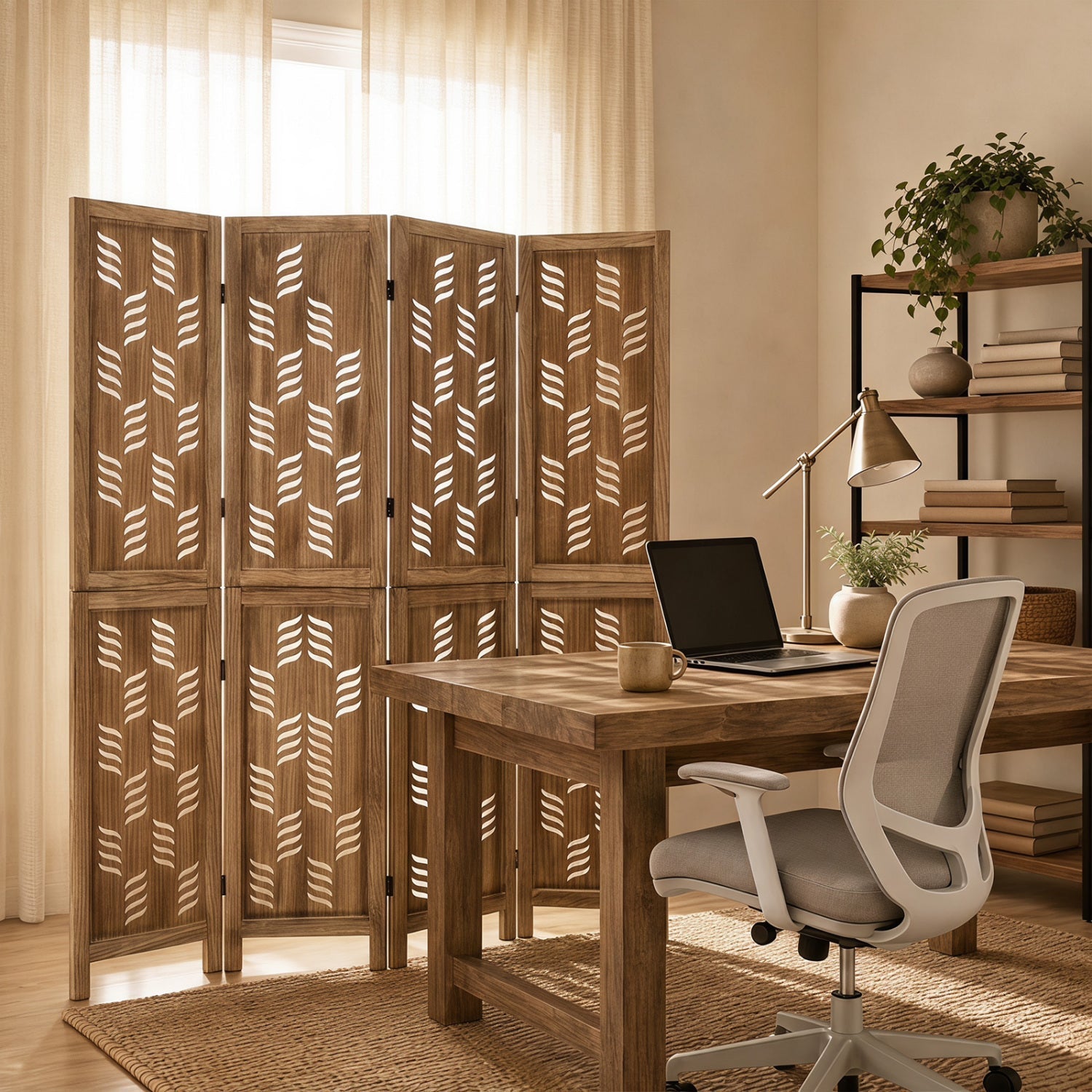 4-Panel Room Divider with Wave Cutout & Paulownia Frame