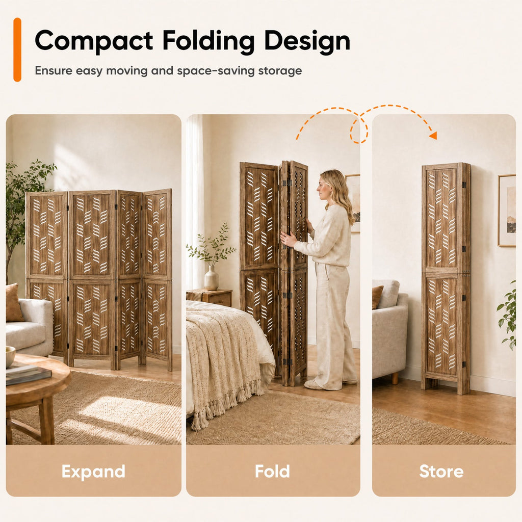 4-Panel Room Divider with Wave Cutout & Paulownia Frame