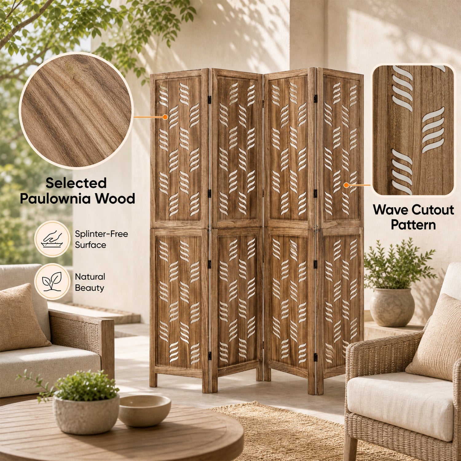 4-Panel Room Divider with Wave Cutout & Paulownia Frame