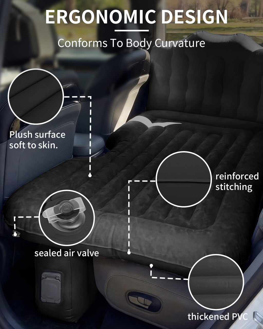 Umbrauto Back Seat Car Air Mattress with Built-in Rechargeable Pump: Cordless Inflatable Car Bed for Rear Seat Camping, 1-Click Fast Setup Thickened Flocking Sleeping Pad for Sedan, Truck & SUV