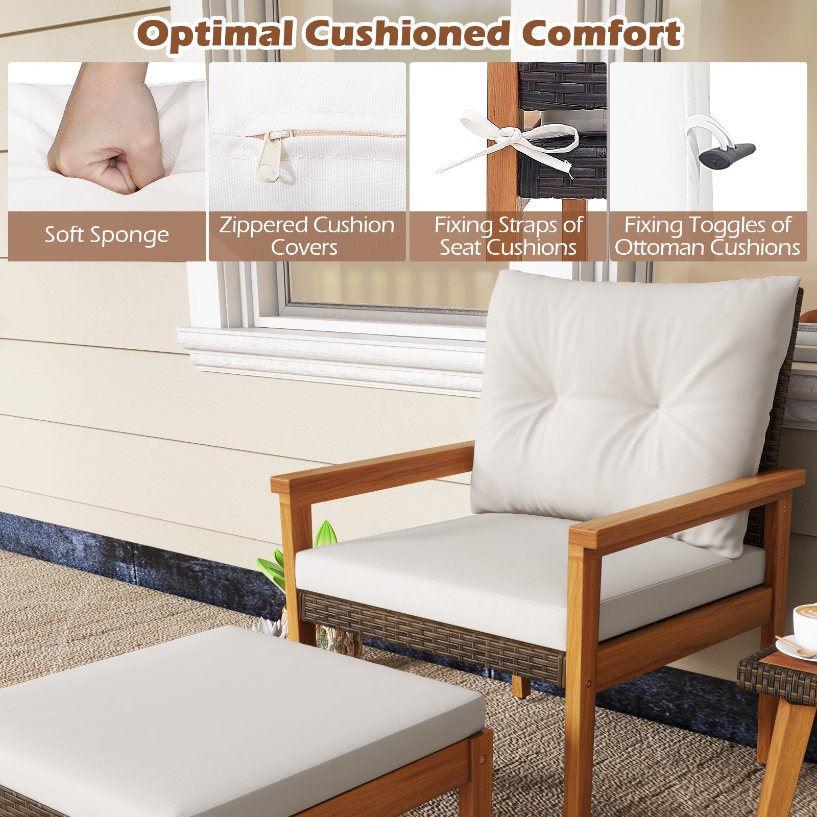 5 Piece Rattan Furniture Set with Square Coffee Table-White